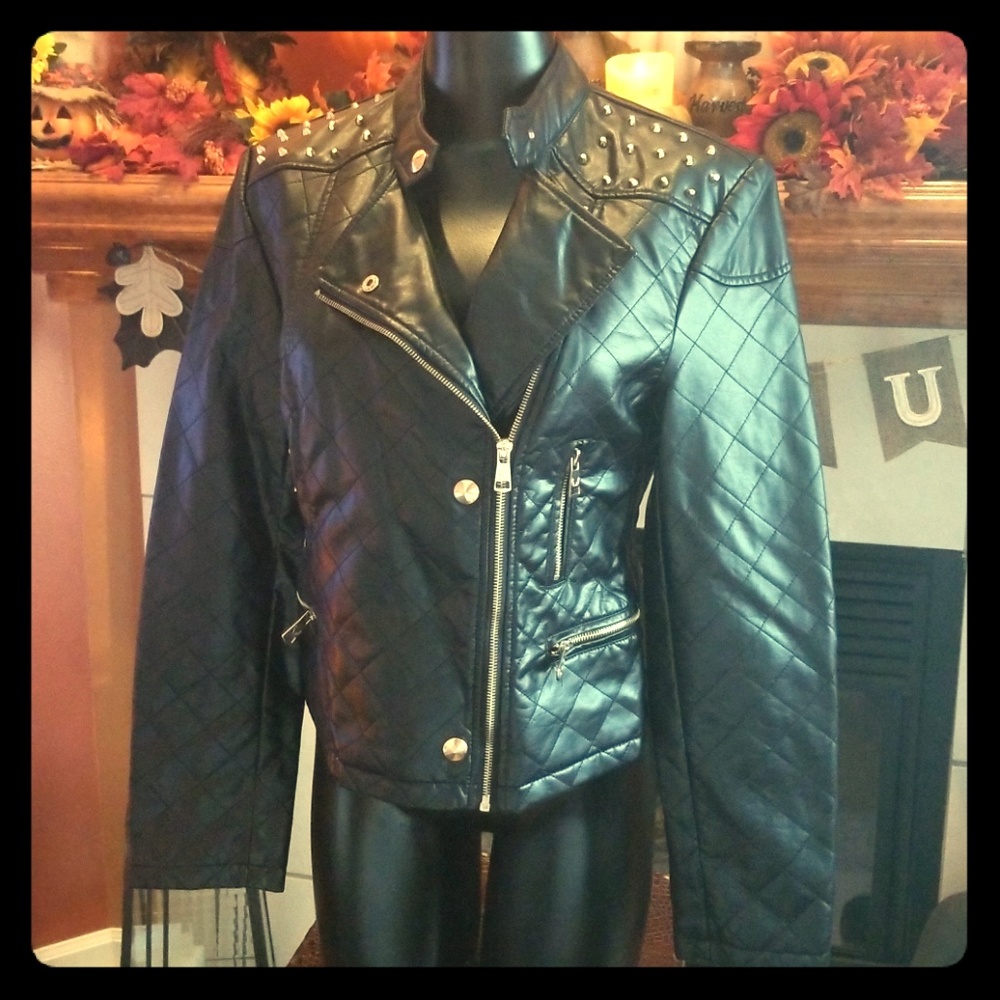 Black Gold Spike embellished Faux Leather Jacket